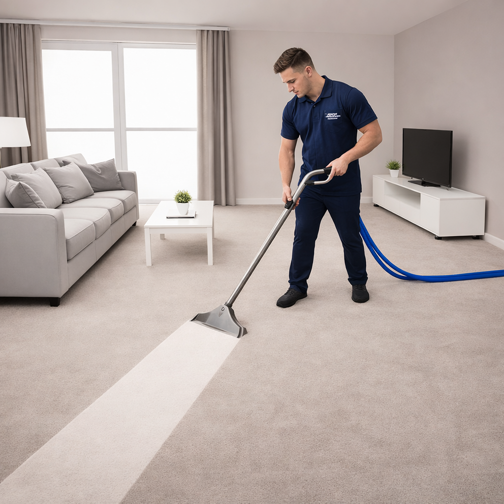Professional carpet cleaning service by Tenancy Cleaner London using commercial equipment in a residential living room.