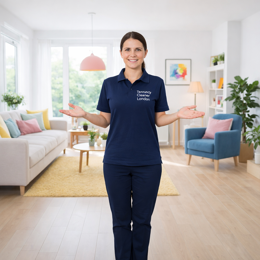 Professional end of tenancy cleaner standing in a bright living room, presenting what is included in the cleaning service.