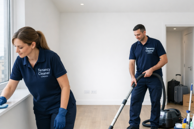 Two professional Tenancy Cleaner London cleaners carrying out a move-out clean inside an empty residential property.