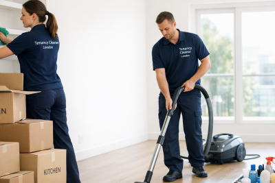 Two professional Tenancy Cleaner London cleaners preparing a living space during a move-in clean inside a residential property.