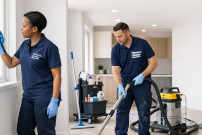 Professional Tenancy Cleaner London team carrying out after builders cleaning inside a newly renovated residential property.