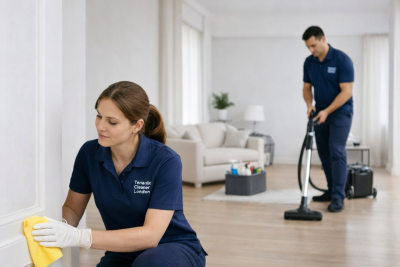 Professional cleaner wearing a Tenancy Cleaner London uniform carrying out detailed deep cleaning as part of an end of tenancy service.