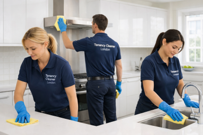 Professional Tenancy Cleaner London team carrying out detailed end of tenancy cleaning inside a residential kitchen.